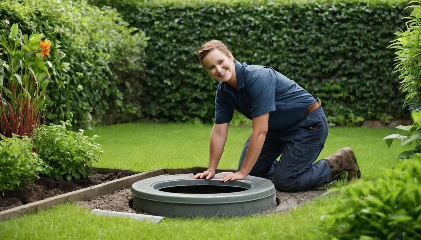 A provider checking a septic tank lid in a yard in the Chanhassen area
